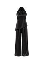 Asymmetrical Backless Satin Blouse & Trouser Set | Black - Soréa