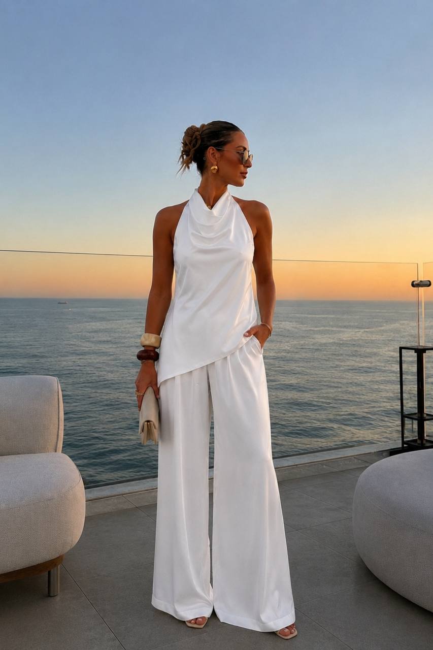 Asymmetrical Backless Satin Blouse & Trouser Set | White - Soréa