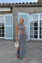Asymmetrical Waist Maxi Dress with Belt | Grey - Soréa