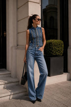 Button Mandarin Collar Denim Vest - Soréa