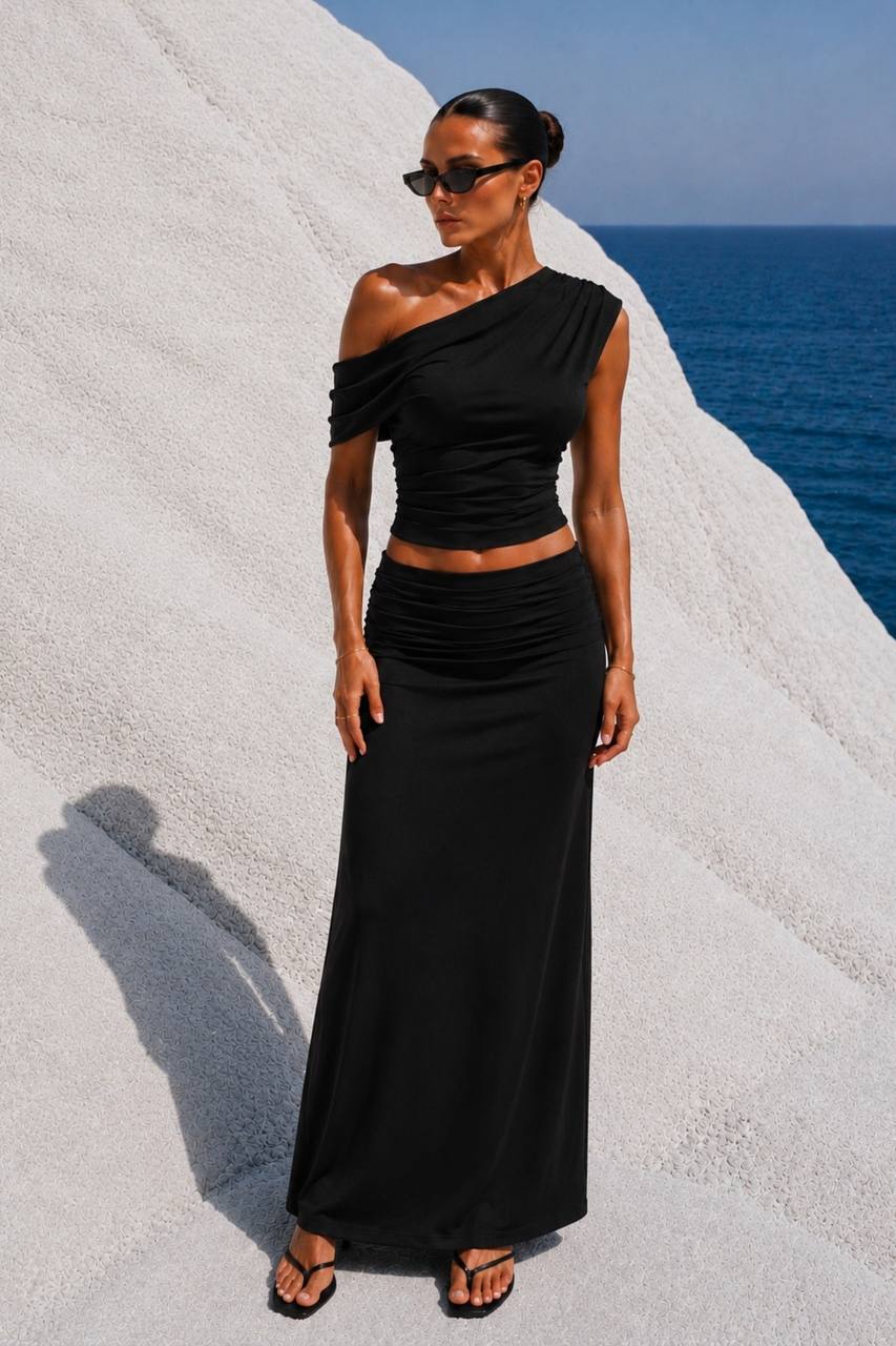 One-Shoulder Fitted Blouse & Gathered Maxi Skirt Set | Black
