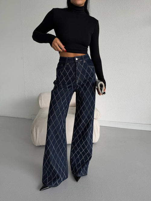 Diamond Pattern Stone Embellished Straight Jeans | Navy - Soréa