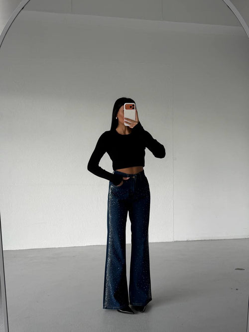 High-Waisted Palazzo Jeans with Stone Embellishments | Blue - Soréa