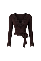 Lace Neckline Tie-Up Cuff Blouse | Brown - Soréa