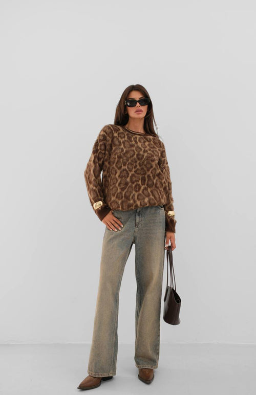 Leopard Patterned Bead Knitwear Sweater | Brown - Soréa