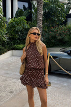 Necklace Backless Polka Dot Blouse & Mini Skirt Set | Brown - Soréa