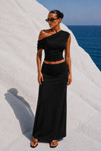 One-Shoulder Fitted Blouse & Gathered Maxi Skirt Set | Black - Soréa