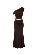 One-Shoulder Fitted Blouse & Gathered Maxi Skirt Set | Dark Brown - Soréa