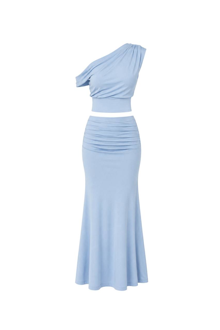One-Shoulder Fitted Blouse & Gathered Maxi Skirt Set | Light Blue - Soréa