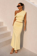 One-Shoulder Fitted Blouse & Gathered Maxi Skirt Set | Pale Yellow - Soréa