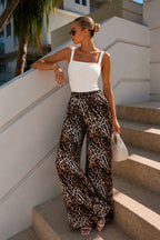 Patterned High-Waisted Palazzo Satin Trousers | Leopard Print - Soréa