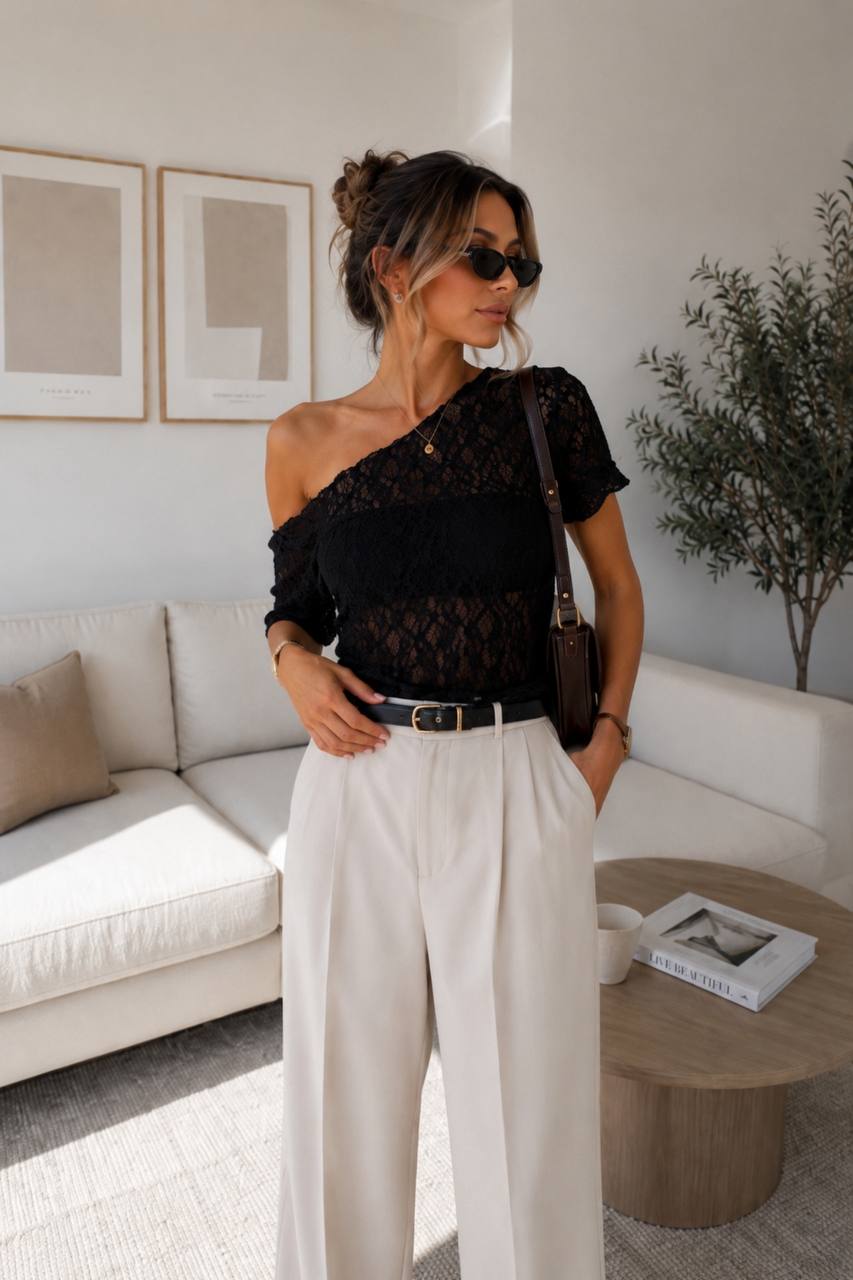 Off Shoulder Guipure Blouse | Black