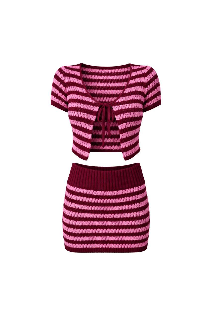Striped Tie Blouse & Folded Waist Mini Skirt Knit Set | Pink