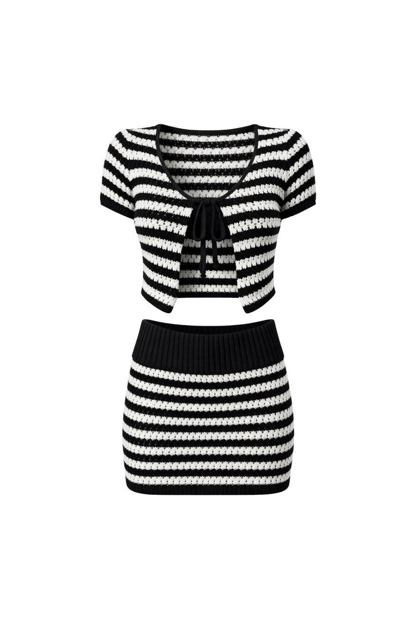 Striped Tie Blouse & Folded Waist Mini Skirt Knit Set | Black/White