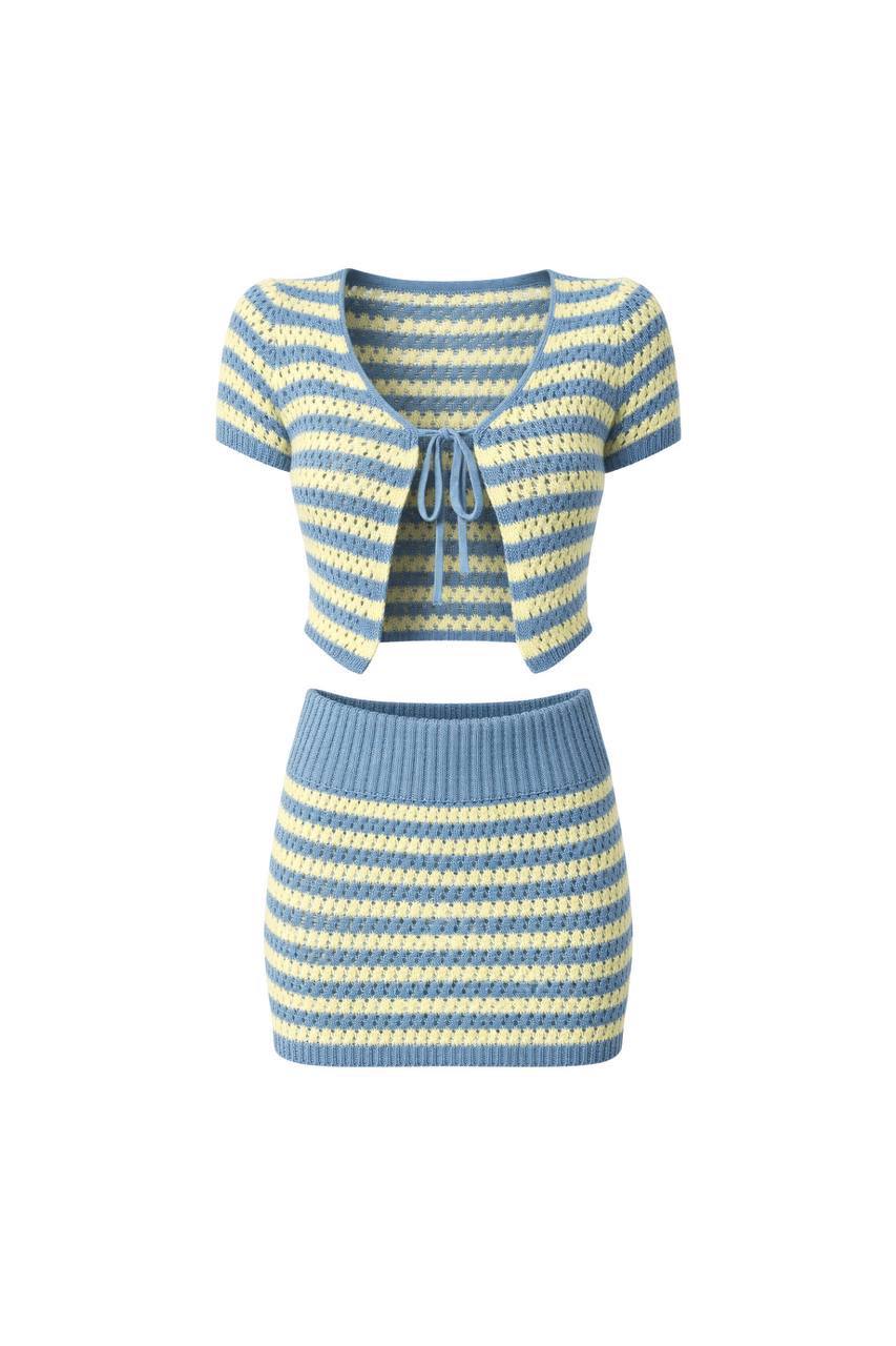 Striped Tie Blouse & Folded Waist Mini Skirt Knit Set | Blue/Beige