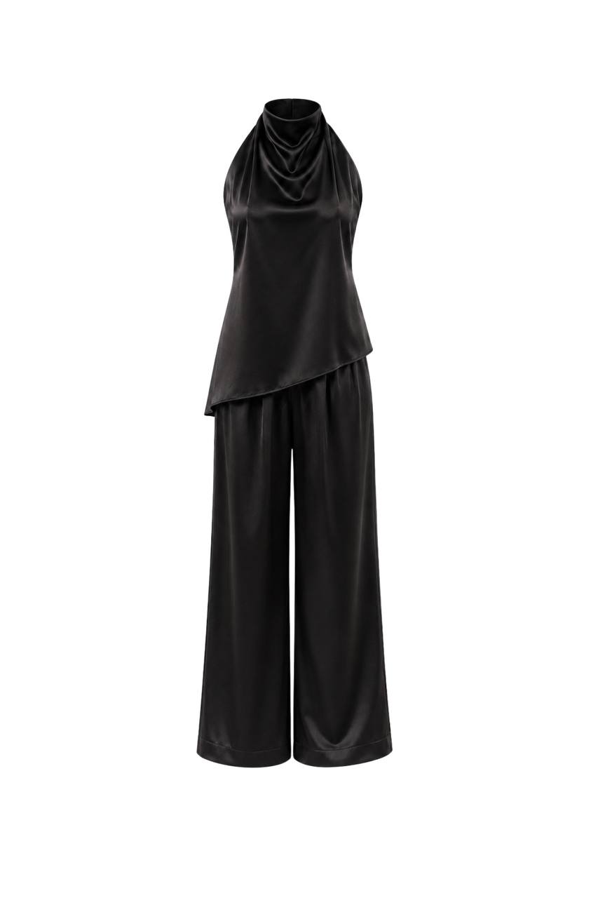 Asymmetrical Backless Satin Blouse & Trouser Set | Black