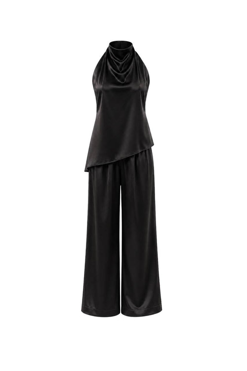 Asymmetrical Backless Satin Blouse & Trouser Set | Black