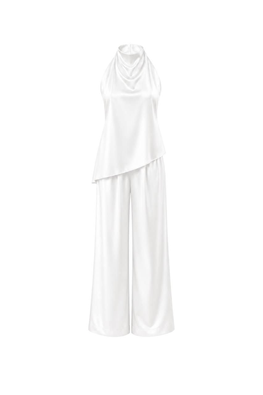 Asymmetrical Backless Satin Blouse & Trouser Set | White