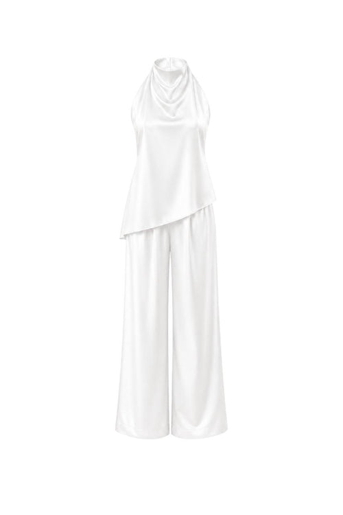 Asymmetrical Backless Satin Blouse & Trouser Set | White