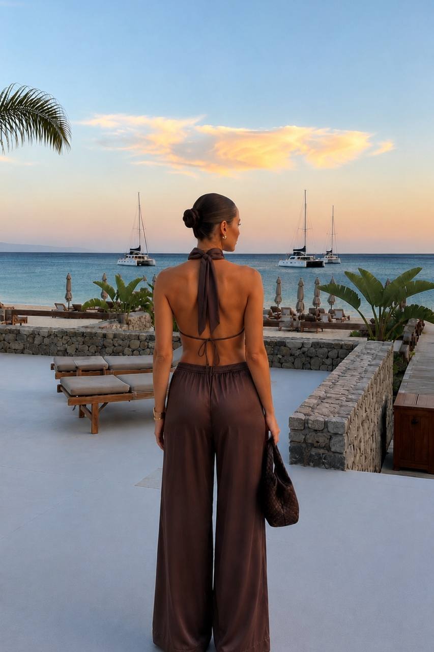 Asymmetrical Backless Satin Blouse & Trouser Set | Dark Brown
