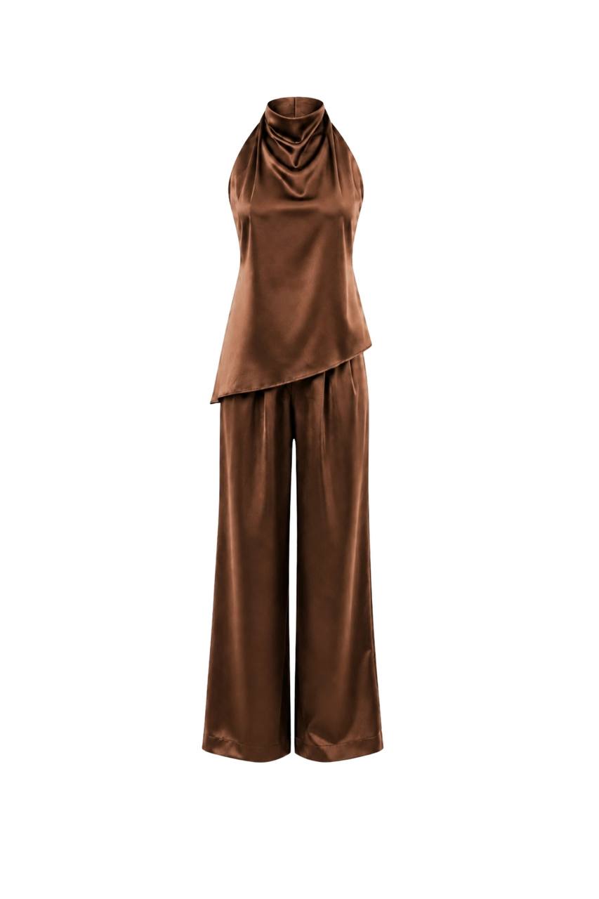 Asymmetrical Backless Satin Blouse & Trouser Set | Dark Brown