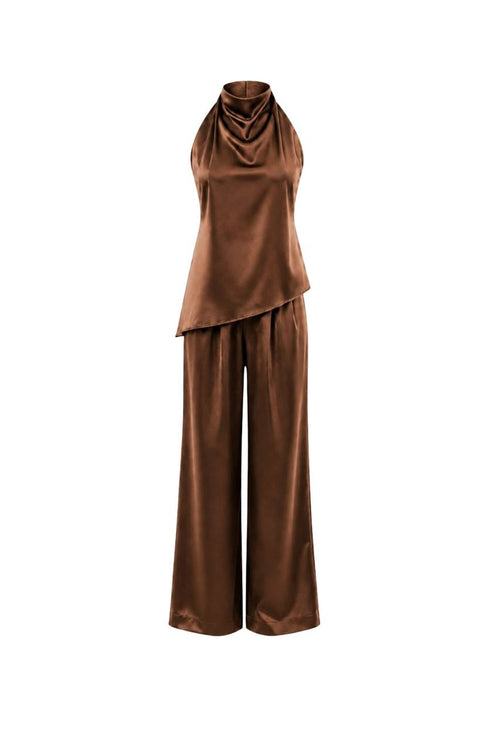 Asymmetrical Backless Satin Blouse & Trouser Set | Dark Brown