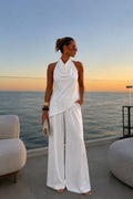 Asymmetrical Backless Satin Blouse & Trouser Set | White
