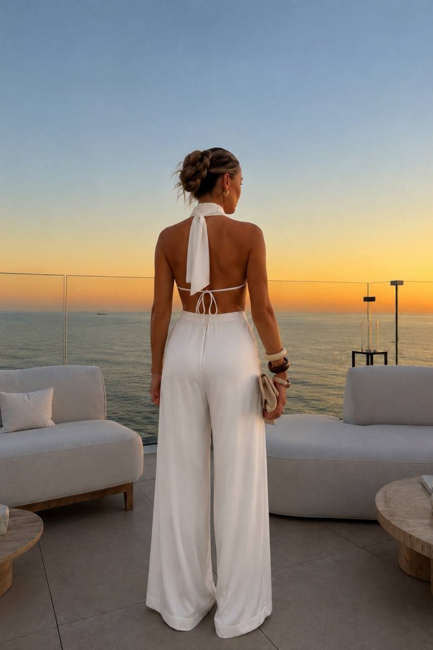 Asymmetrical Backless Satin Blouse & Trouser Set | White