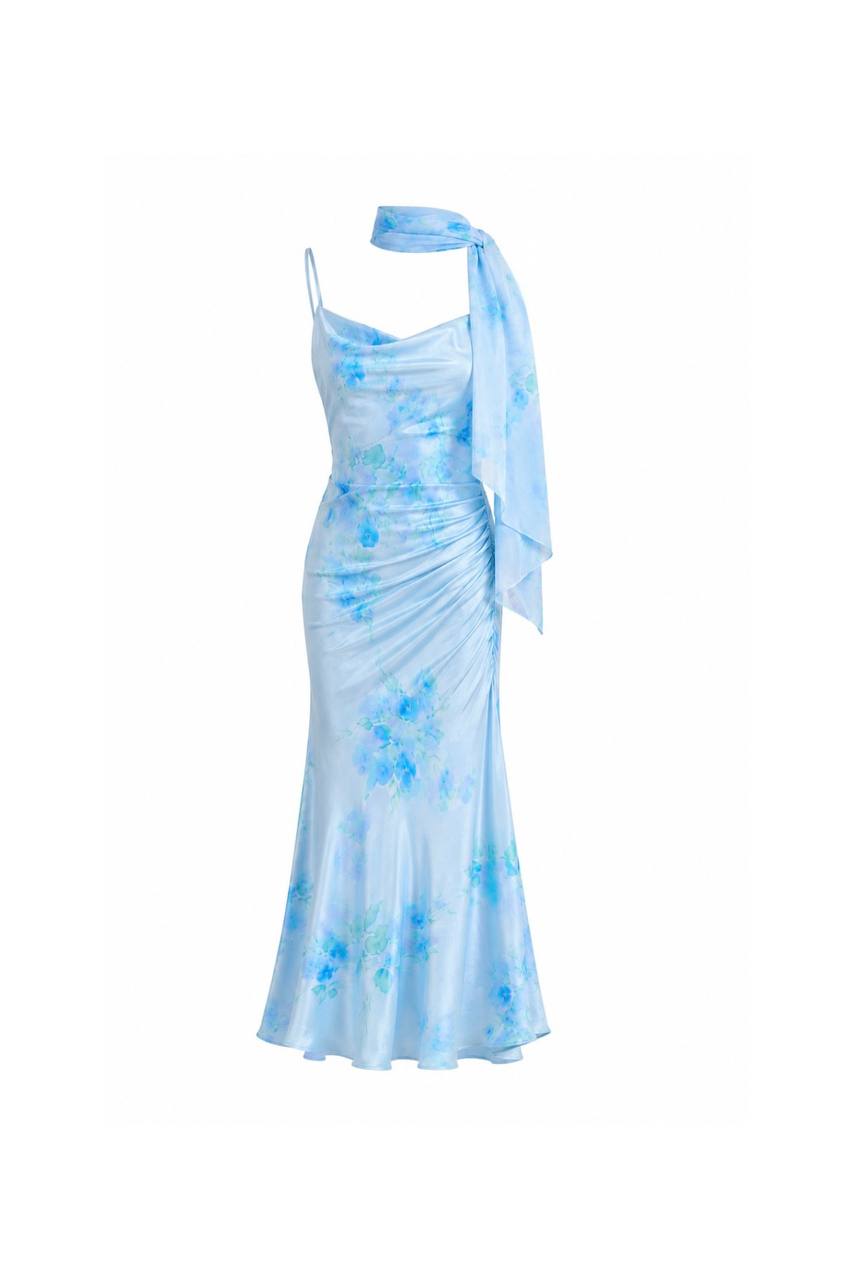 Scarf Printed Maxi Tulle Dress | Light Blue