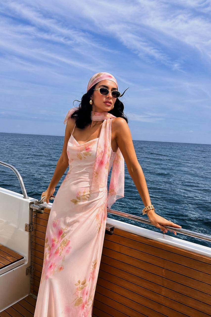 Scarf Printed Maxi Tulle Dress | Light Pink