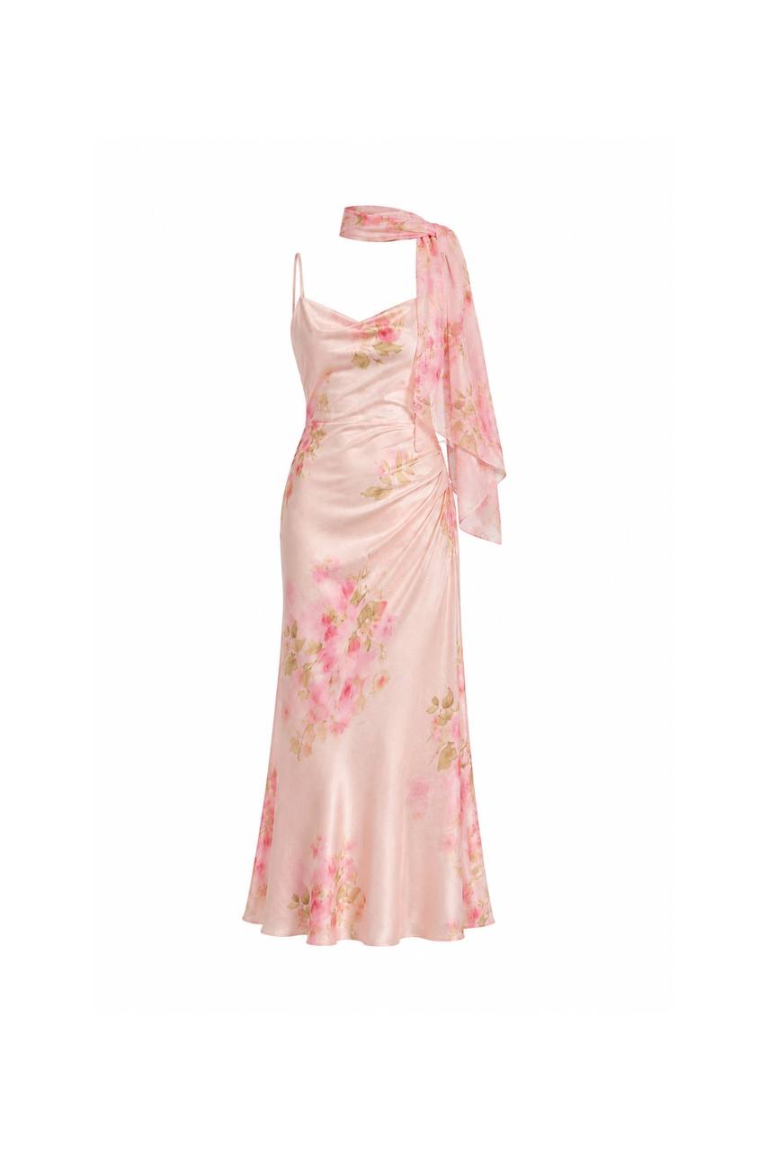 Scarf Printed Maxi Tulle Dress | Light Pink