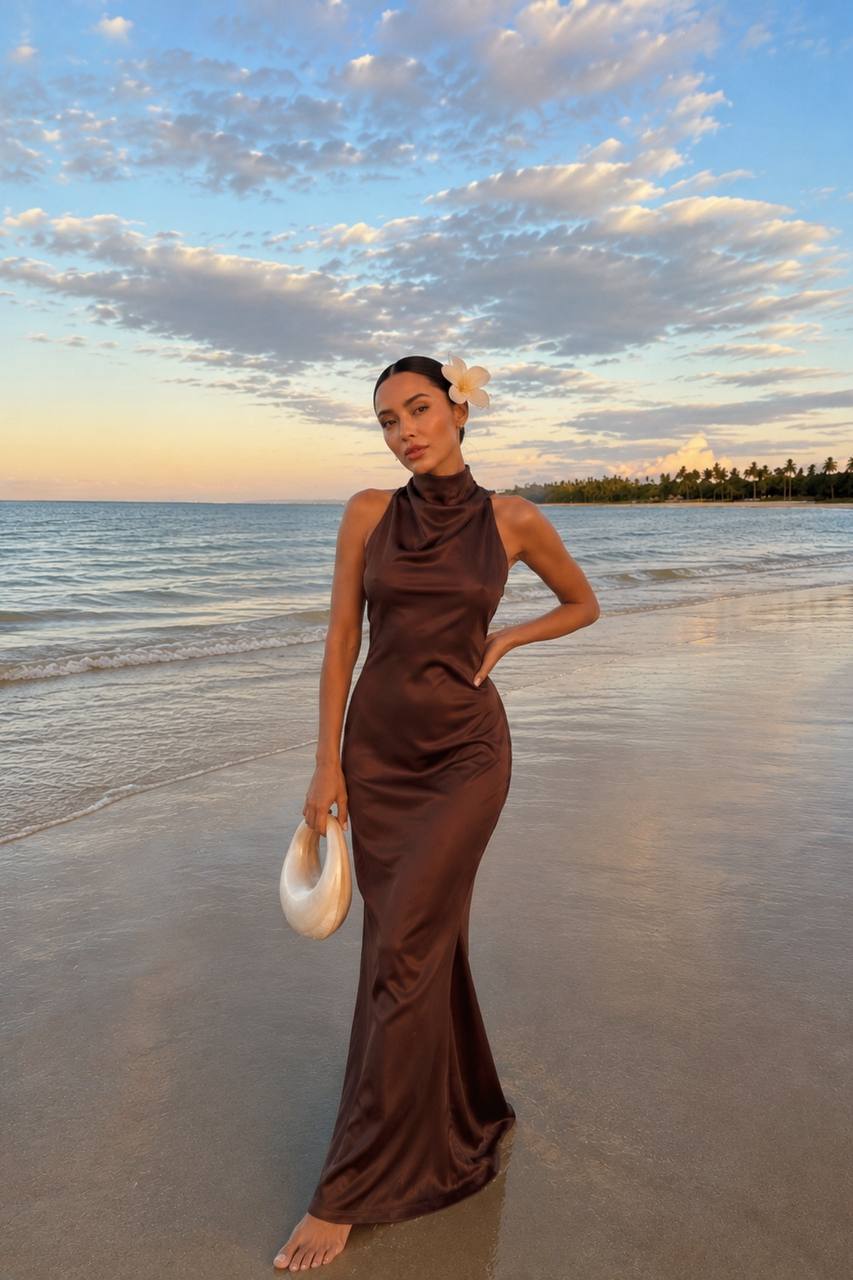 Cover Neck Satin Maxi Dress