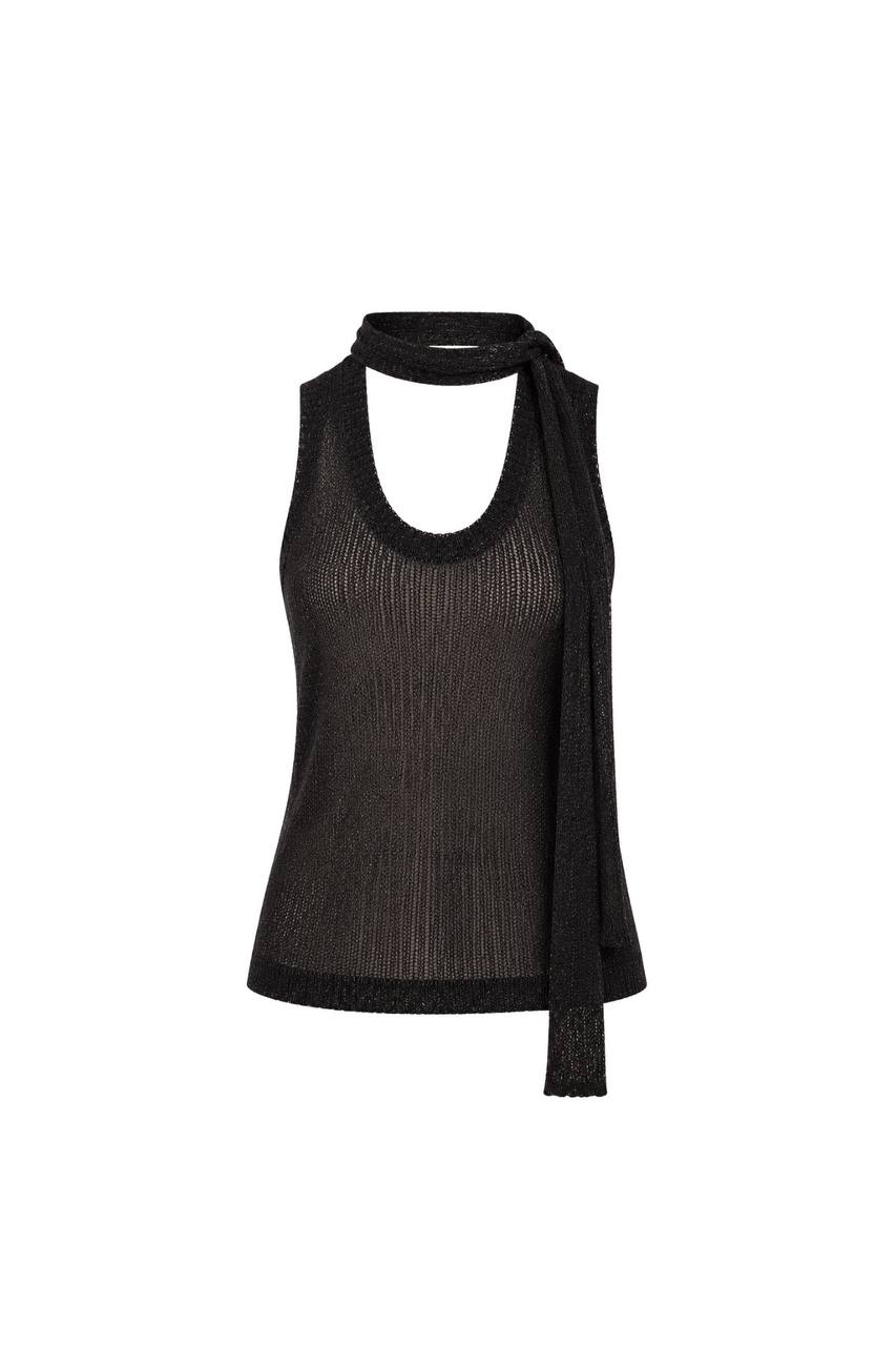 Shawl Collar Foil Printed Sleeveless Knit Blouse
