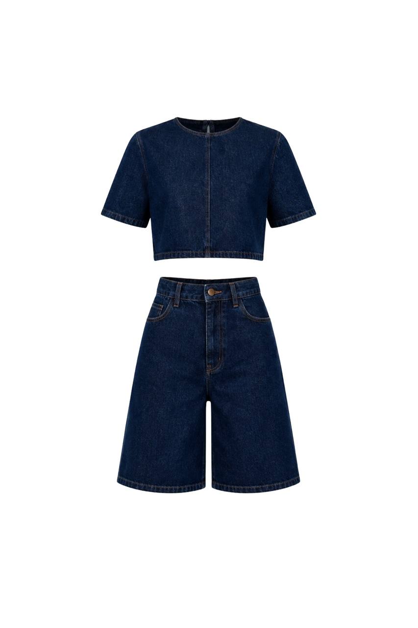 Short Sleeve Denim Top & Bermuda Shorts Set