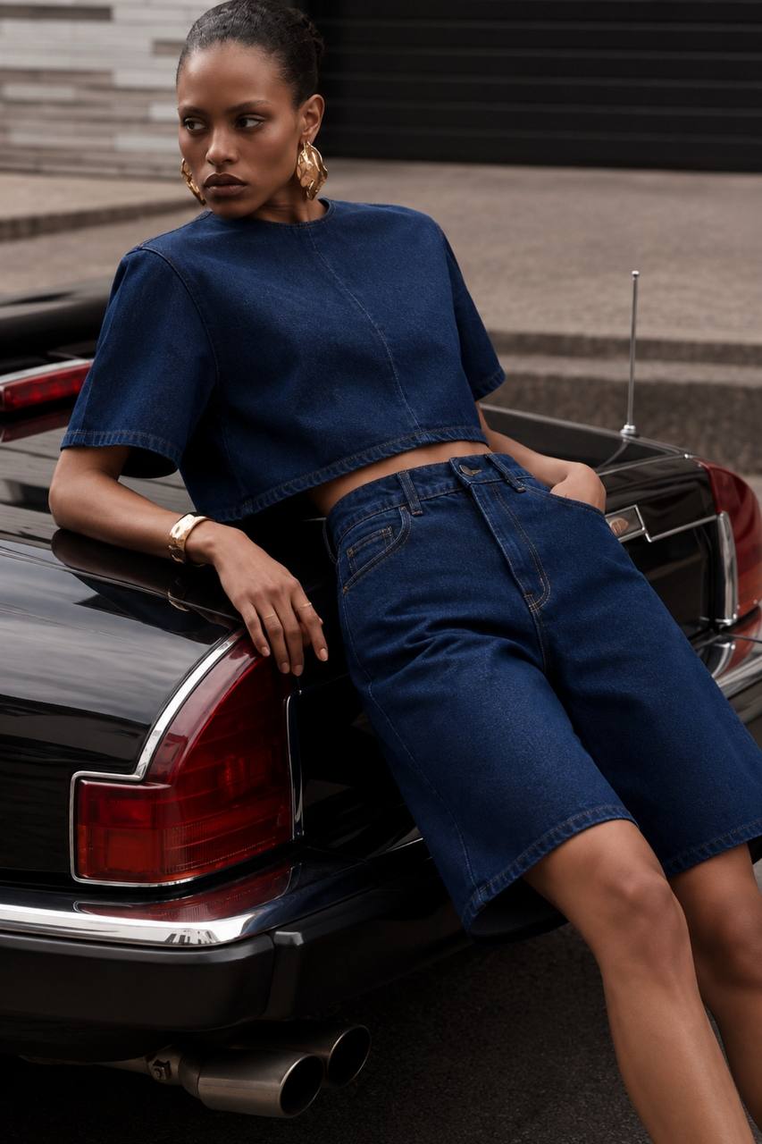 Short Sleeve Denim Top & Bermuda Shorts Set