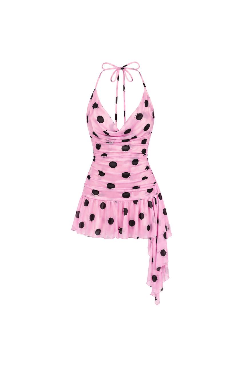 V-Neck Polka Dot Mini Dress | Pink