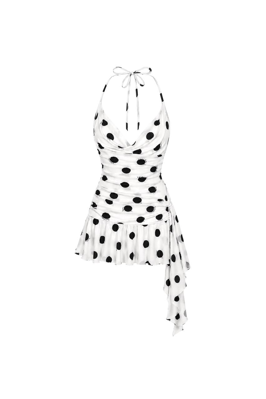 V-Neck Polka Dot Mini Dress | White