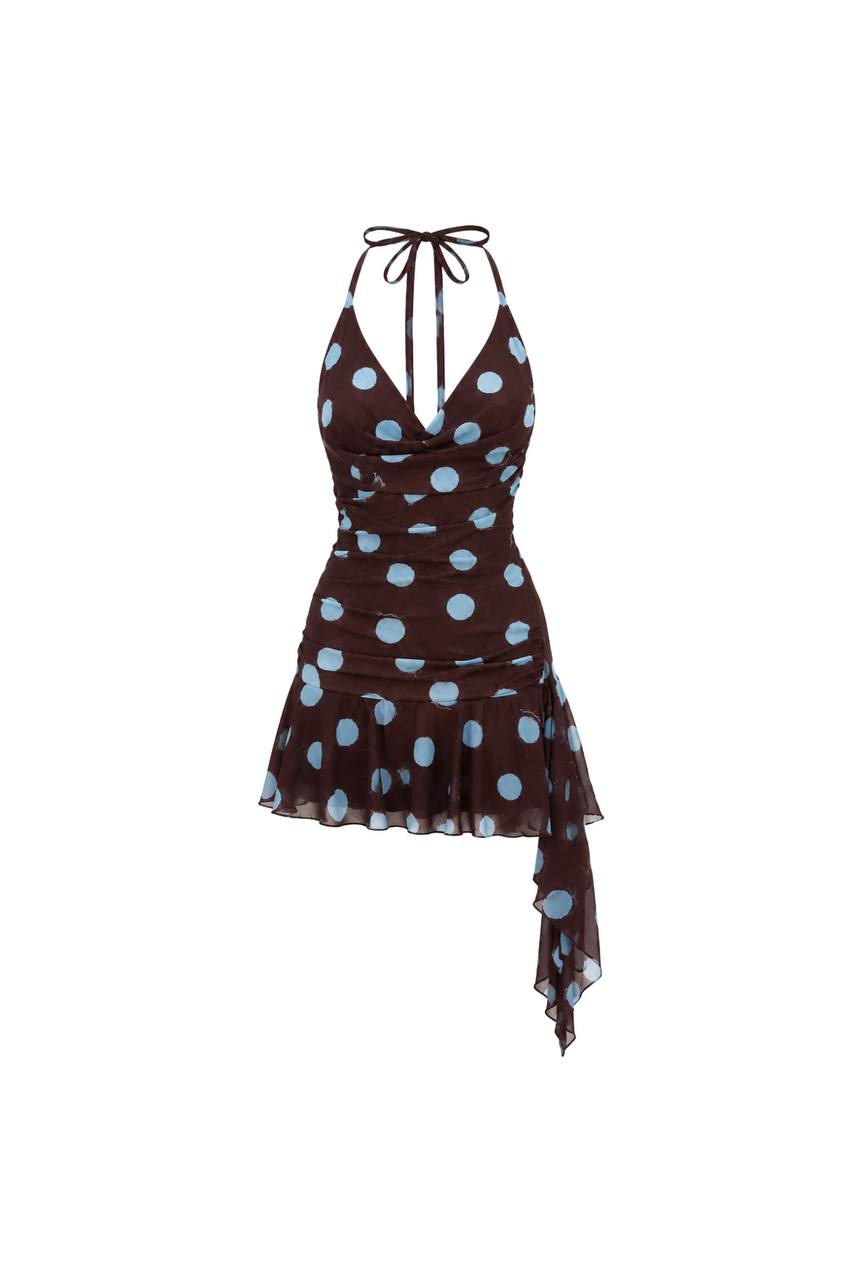 V-Neck Polka Dot Mini Dress | Brown