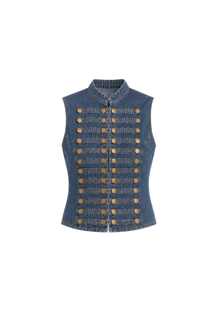 Button Mandarin Collar Denim Vest