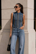 Button Mandarin Collar Denim Vest