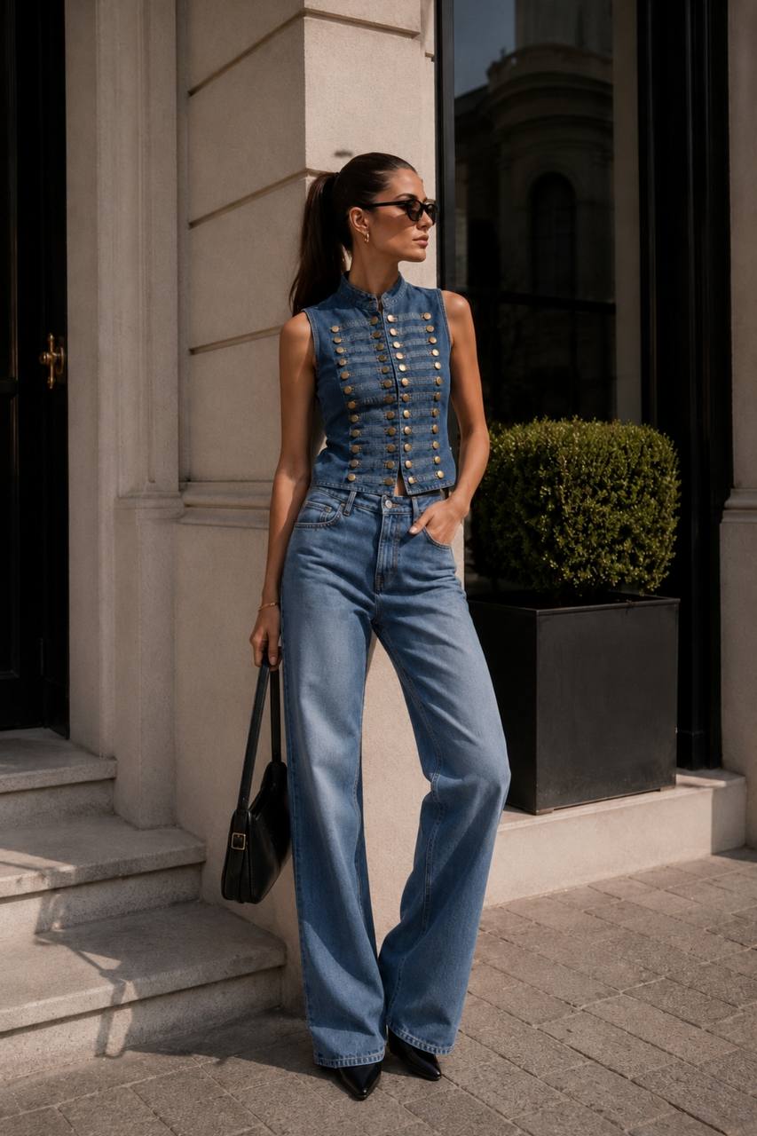 Button Mandarin Collar Denim Vest