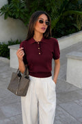 Polo Collar Blouse with Gold Buttons | Burgundy