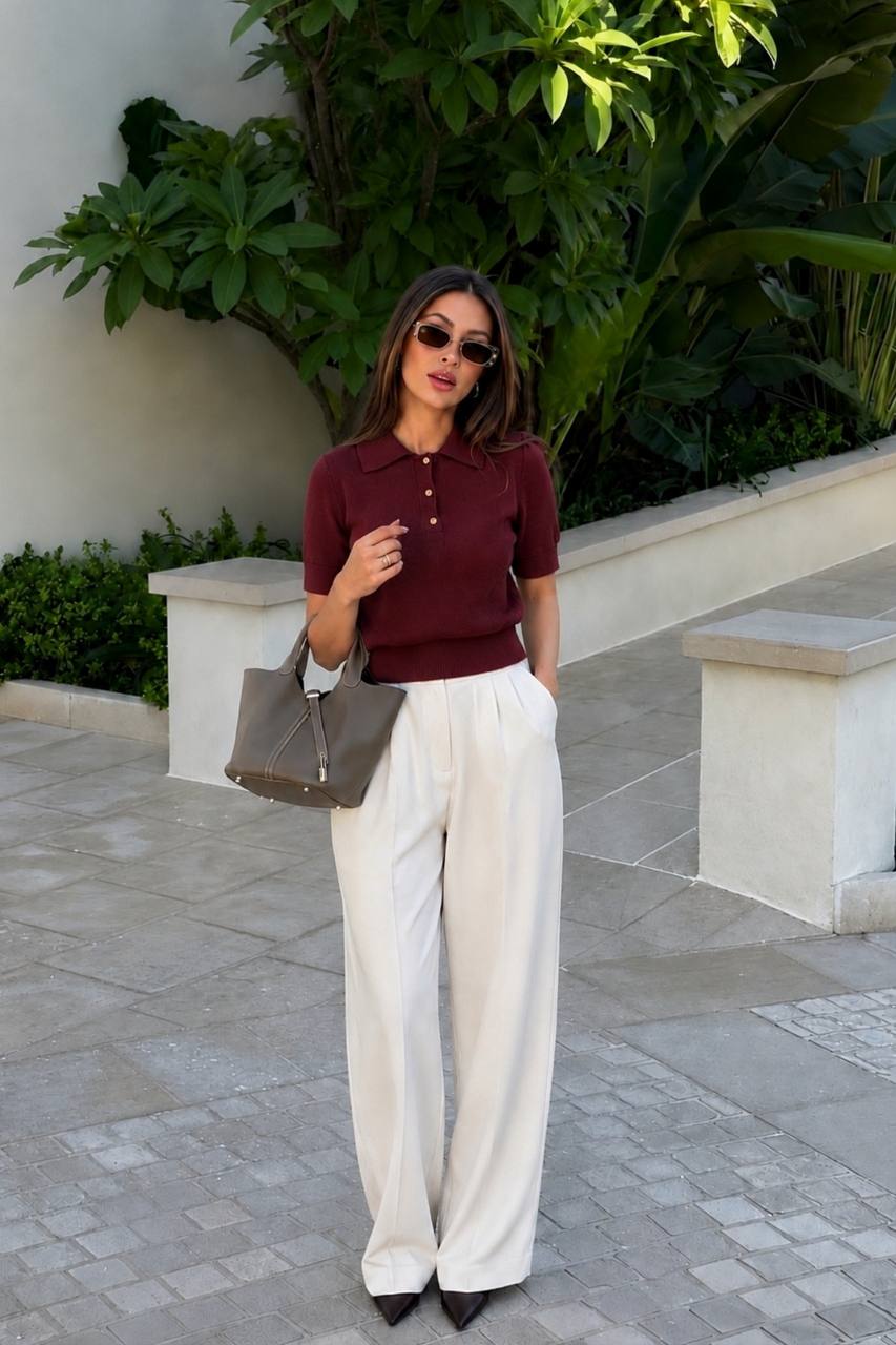 Polo Collar Blouse with Gold Buttons | Burgundy