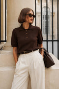 Polo Collar Blouse with Gold Buttons | Dark Brown