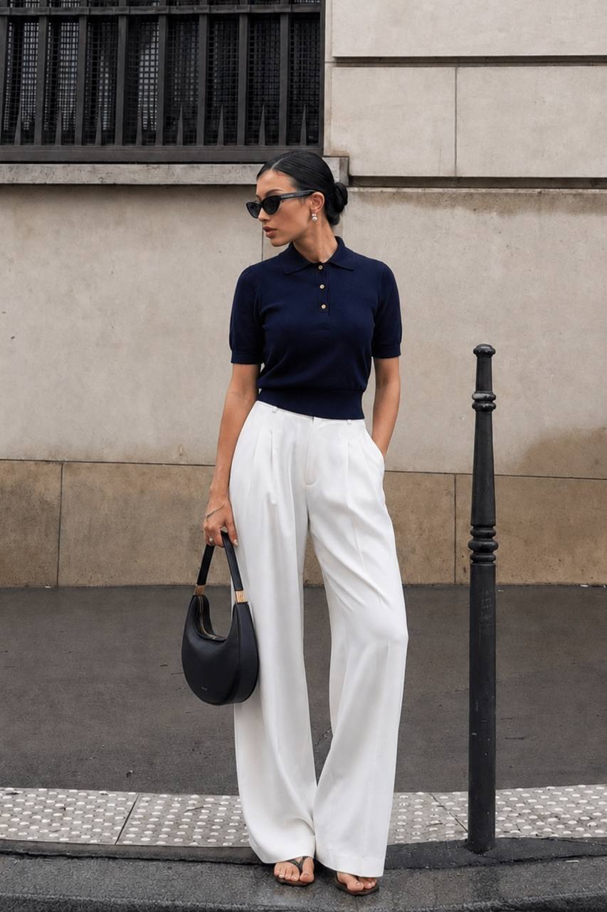 Polo Collar Blouse with Gold Buttons | Navy Blue
