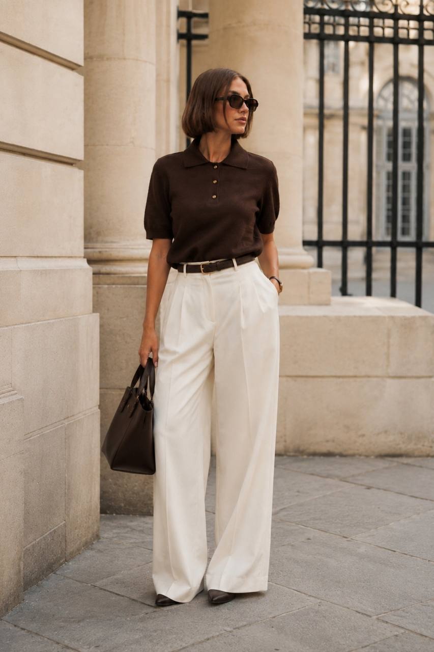 Polo Collar Blouse with Gold Buttons | Dark Brown