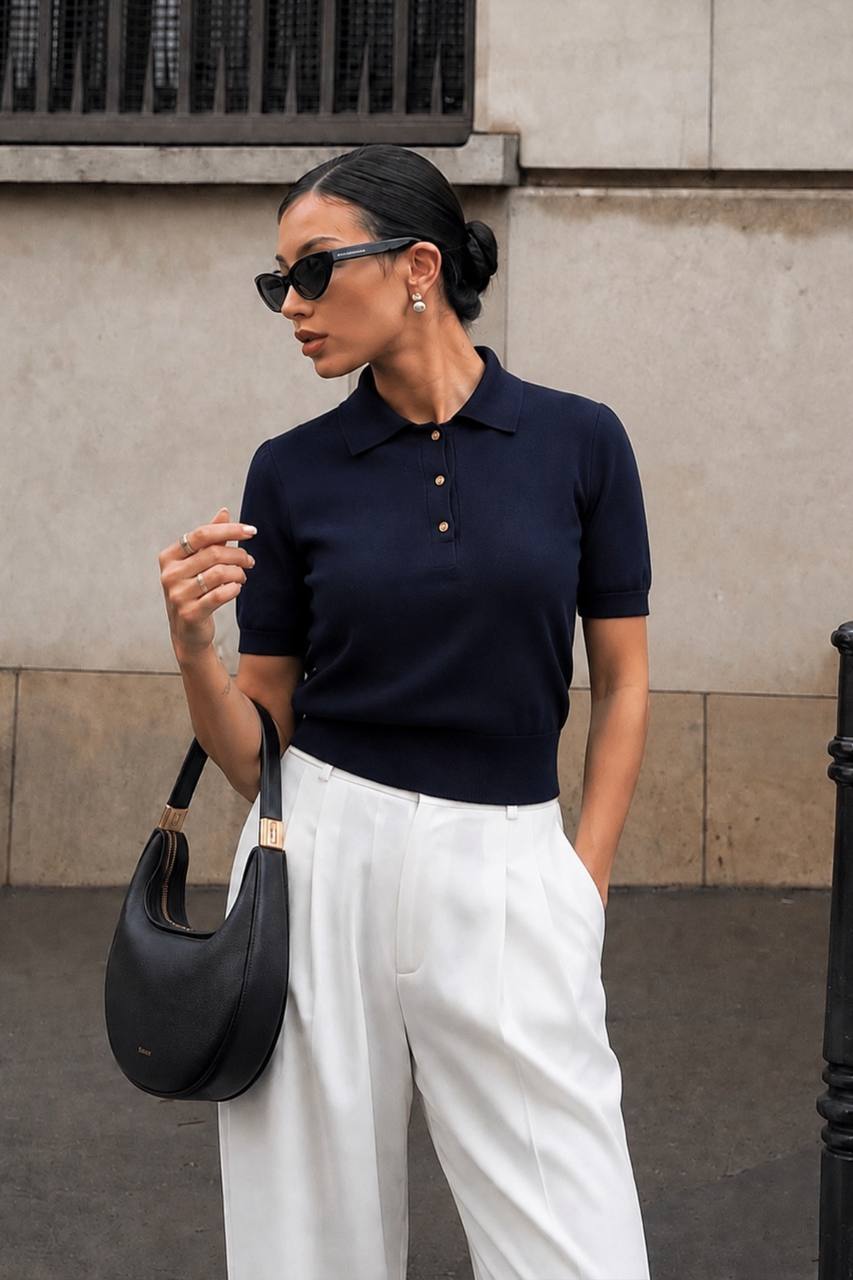 Polo Collar Blouse with Gold Buttons | Navy Blue