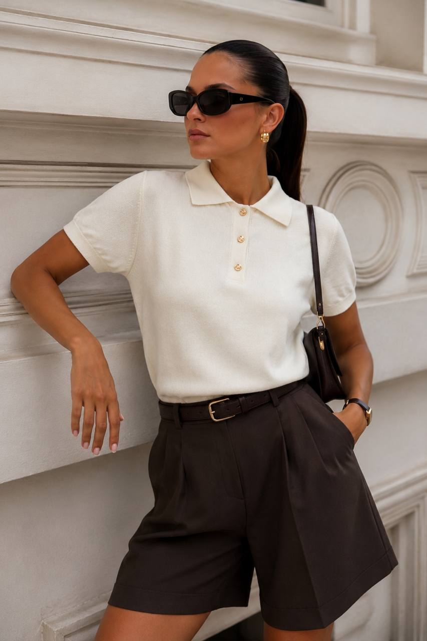 Polo Collar Blouse with Gold Buttons | Ivory