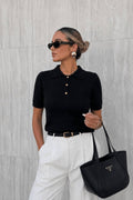 Polo Collar Blouse with Gold Buttons | Black