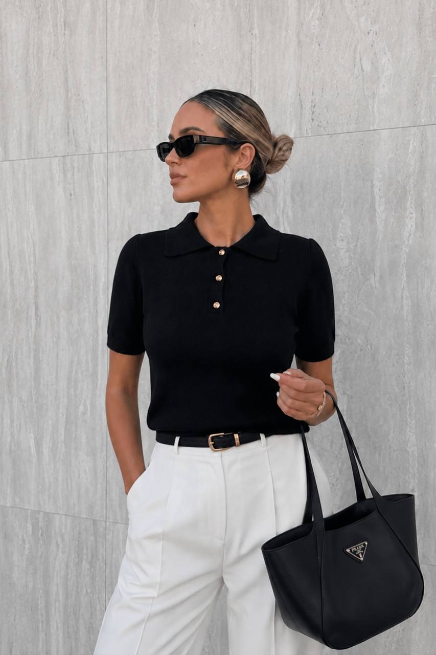 Polo Collar Blouse with Gold Buttons | Black